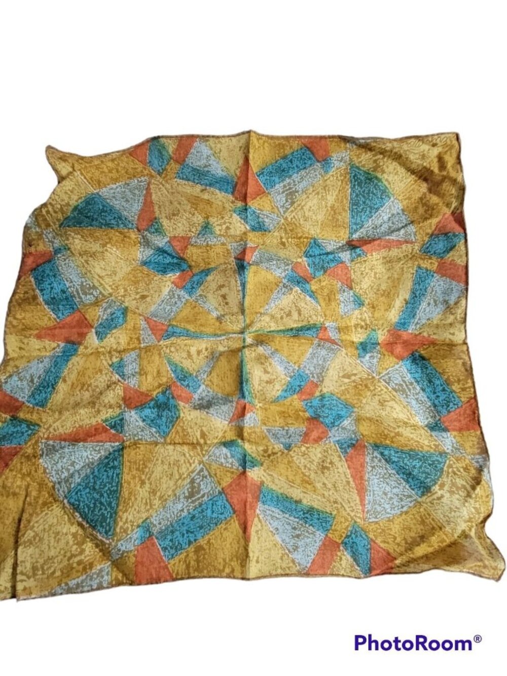 Erin O'Dell Signed Cotton Handkerchief Geometric Yellow Teal Brown Orange Vtg
